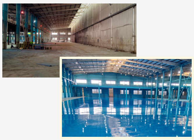 金刚砂地面原貌（左上图）VS 地卫士滚面耐压环氧地坪漆完工图（右下图）